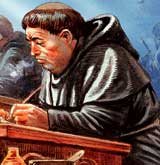 фото средневековый монах переписывает страницу из Библии