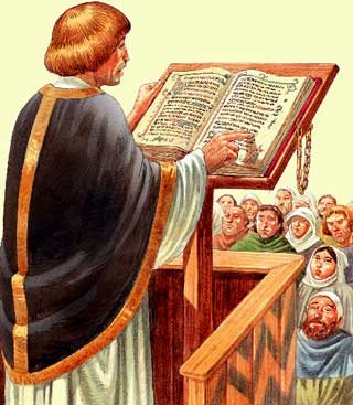 Священник читает прикованную цепью Библию