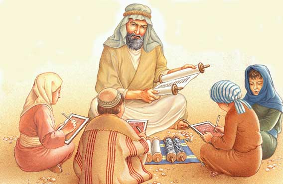 фото Еврейский раввин обучает мальчиков чтению Св.Писания: он читает текст, начертанный на свитке, а дети пишут на дощечках